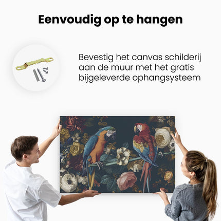 Canvas schilderij ophangen Twee Papegaaien op een Tak met Bloemen