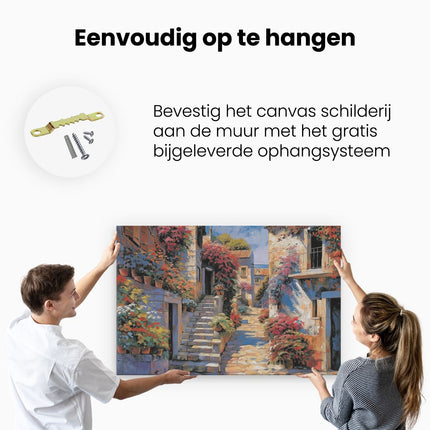 Canvas schilderij ophangen Kunstwerk van een Straat met Trappen en Bloemen