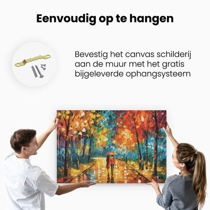 Canvas schilderij ophangen Paar dat in de Regen loopt met een Paraplu