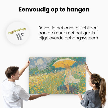 Canvas schilderij ophangen Vrouw die met een Paraplu door een Veld met Madeliefjes loopt
