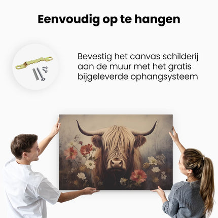 Canvas schilderij ophangen Hooglandkoe in een Veld met Bloemen