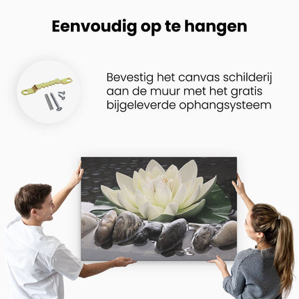 Canvas schilderij ophangen Lotusbloem Wit met Stenen