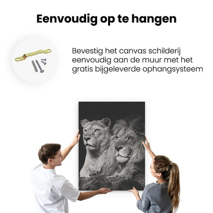 Canvas Schilderij Ophangen Leeuw En Leeuwin - Zwart Wit