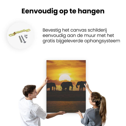 Canvas Schilderij Ophangen Silhouet Olifanten Tijdens Zonsondergang