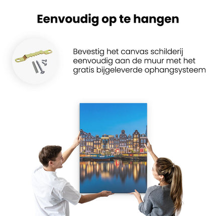 Canvas Schilderij Ophangen Amsterdamse Huisjes In De Avond Met Lichten