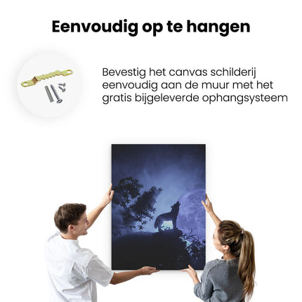 Canvas Schilderij Ophangen Huilende Wolf In Silhouet Bij Volle Maan