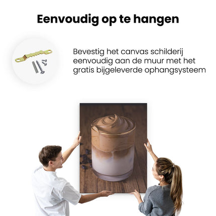 Canvas Schilderij Ophangen IJskoffie Met Koffiebonen Op Tafel