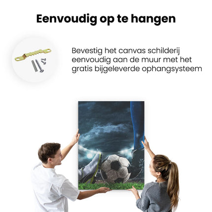 Canvas Schilderij Ophangen Voetbal Sliding Op De Bal In Het Stadion