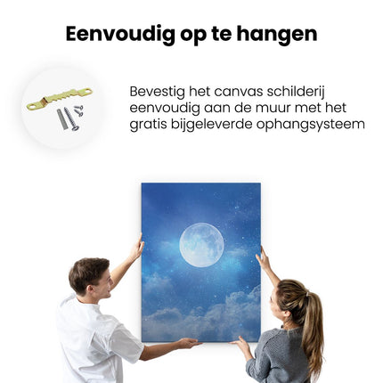 Canvas Schilderij Ophangen Volle Maan in de Blauwe Hemel met Sterren