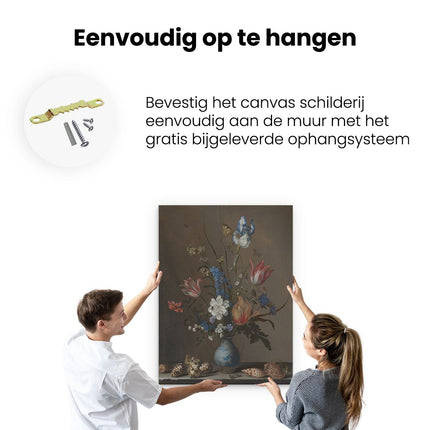 Canvas Schilderij Ophangen Bloemen in een Wan-Li Vaas en Schelpen - Balthasar van der Ast