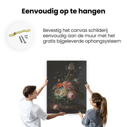 Canvas Schilderij Ophangen Stilleven met Bloemen op een Marmeren Tafelblad - Rachel Ruysch