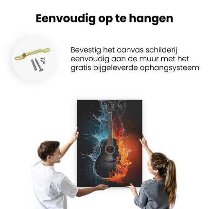 Canvas Schilderij Ophangen Akoestische Gitaar met Water en Vuur