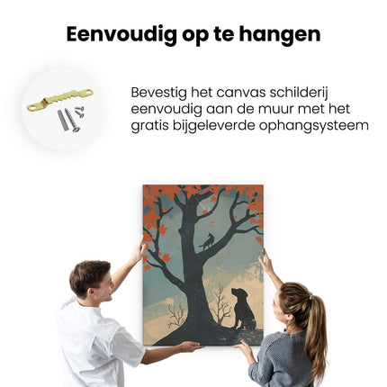 Canvas Schilderij Ophangen Hond en een Vogel Zittend onder een Boom