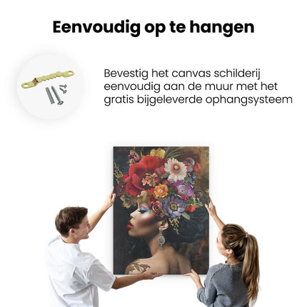 Canvas Schilderij Ophangen Vrouw met Bloemen op haar Hoofd