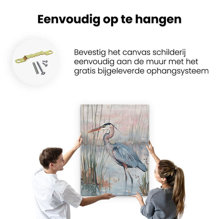 Canvas Schilderij Ophangen Kunstwerk van een Blauwe Reiger in het Moeras