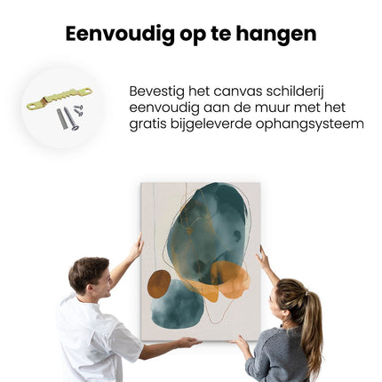Canvas Schilderij Ophangen Abstract Kunstwerk met Blauwe, Oranje en Bruine Kleuren
