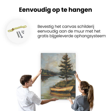 Canvas Schilderij Ophangen Boot op een Meer met een Boom op de Achtergrond