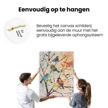 Canvas Schilderij Ophangen Kleurrijke Vogels in een Boom