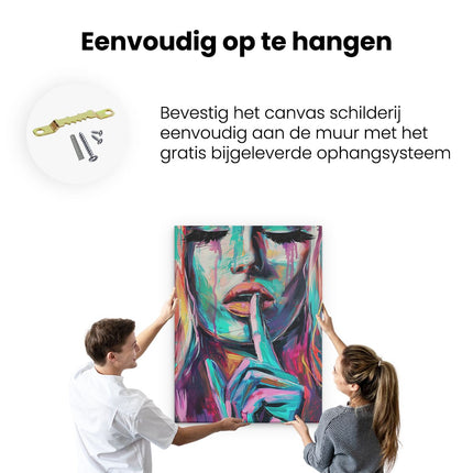 Canvas Schilderij Ophangen Kleurrijk Kunstwerk van een Vrouw met haar Vinger op haar Lippen