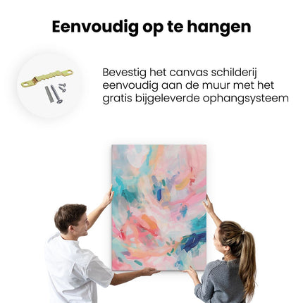 Canvas Schilderij Ophangen Abstract Kunstwerk met Roze, Blauwe en Groene Kleuren