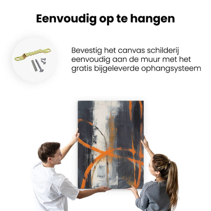 Canvas Schilderij Ophangen Abstract Kunstwerk met Oranje en Zwarte Lijnen