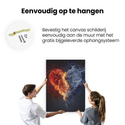 Canvas Schilderij Ophangen Twee Harten Gemaakt van Vuur en Water op een Zwarte Achtergrond