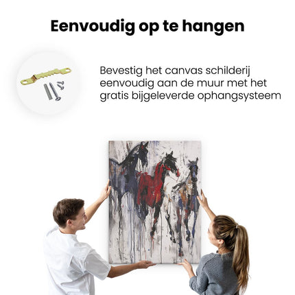 Canvas Schilderij Ophangen Drie Paarden Rennen in een Kunstwerk