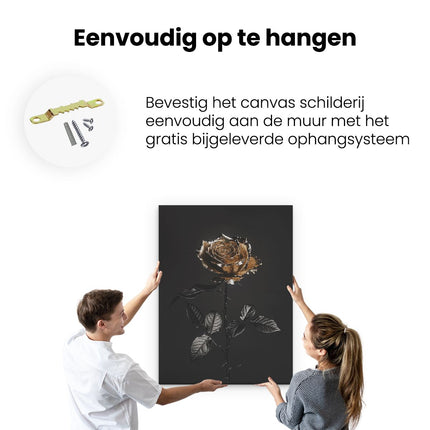 Canvas Schilderij Ophangen Gouden Roos op een Zwarte Achtergrond