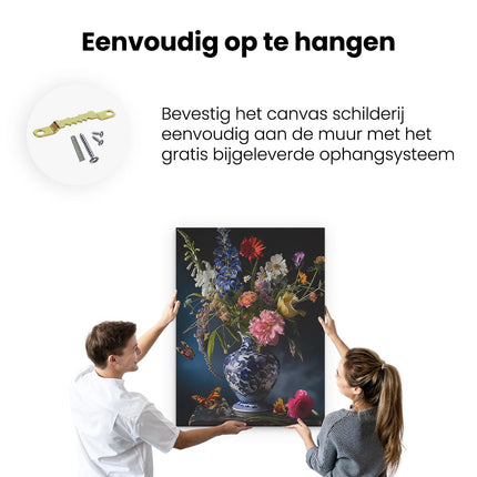 Canvas Schilderij Ophangen Vaas met Bloemen op een Tafel
