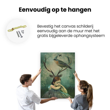 Canvas Schilderij Ophangen Meisje met een Vogel op haar Hoofd