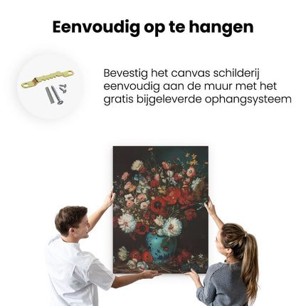 Canvas Schilderij Ophangen Kunstwerk van Bloemen in een Blauwe Vaas