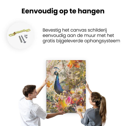 Canvas Schilderij Ophangen Pauw in een Veld met Bloemen