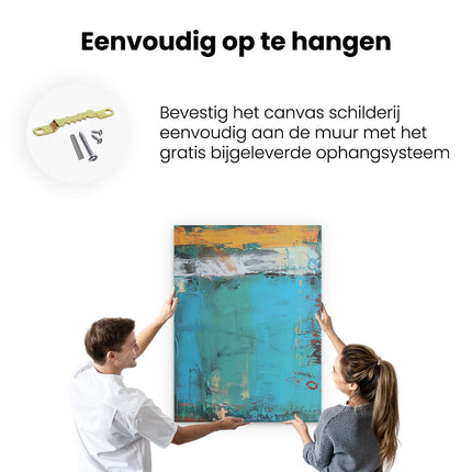 Canvas Schilderij Ophangen Abstract Kunstwerk met Blauwe, Oranje en Gele Kleuren