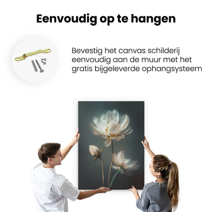 Canvas Schilderij Ophangen Twee Witte Lotusbloemen op een Donkere Achtergrond