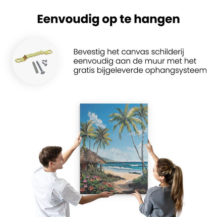 Canvas Schilderij Ophangen Kunstwerk van een Strandtafereel met Palmbomen en een Hut