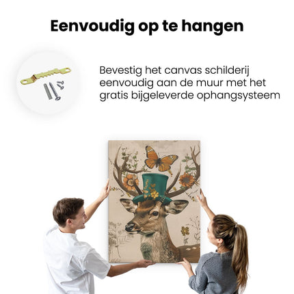 Canvas Schilderij Ophangen Herten met Hoge Hoed en Vlinders