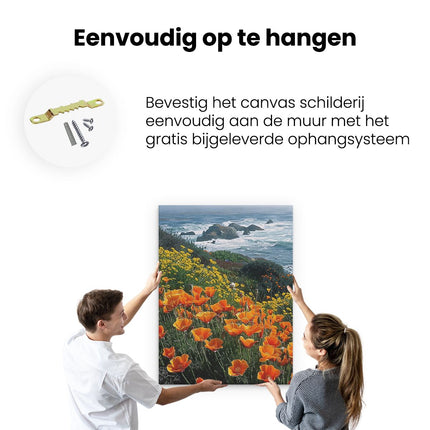 Canvas Schilderij Ophangen Oranje Klaprozen op een Klif met Uitzicht op de Oceaan