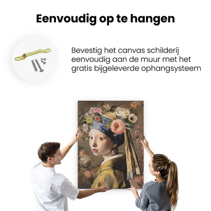 Canvas Schilderij Ophangen Meisje met een Pareloorring en Bloemen