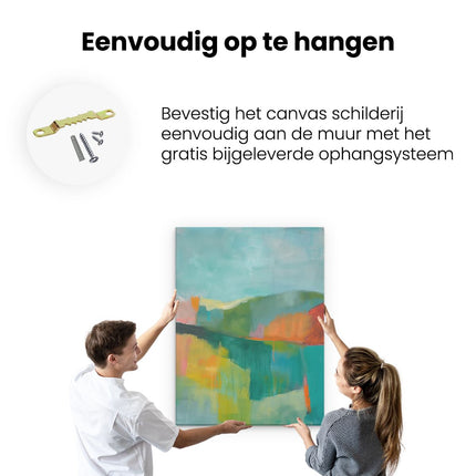 Canvas Schilderij Ophangen Abstract Kunstwerk van een Groen, Oranje en Blauw Landschap