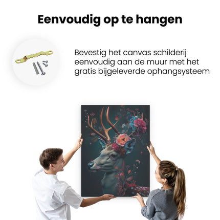 Canvas Schilderij Ophangen Hert met Bloemen op zijn Kop