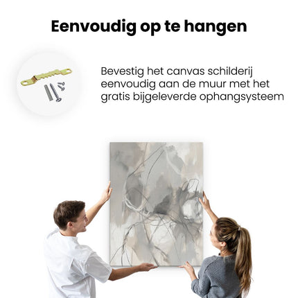 Canvas Schilderij Ophangen Abstract Kunstwerk met Witte en Grijze Penseelstreken