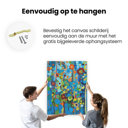 Canvas Schilderij Ophangen Abstract Kunstwerk van Blauwe en Oranje Bloemen