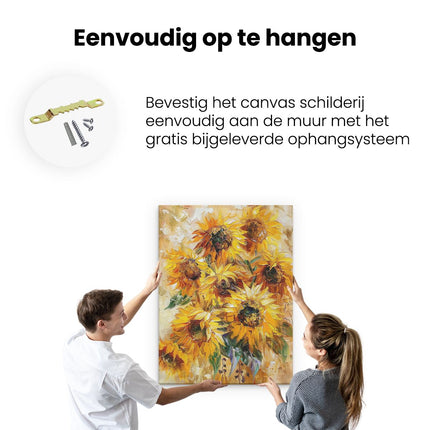 Canvas Schilderij Ophangen Kunstwerk van Zonnebloemen in een Vaas