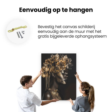 Canvas Schilderij Ophangen Zwart en Goud Portret van een Vrouw met Bloemen op haar Hoofd