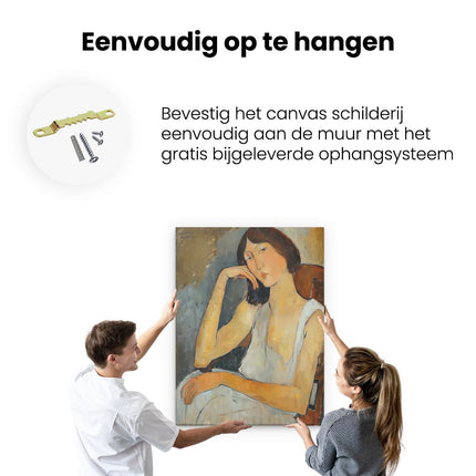 Canvas Schilderij Ophangen Vrouw Zittend in een Stoel met haar Hand op haar Kin