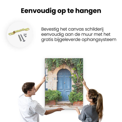 Canvas Schilderij Ophangen Blauwe Deur met Klimplanten
