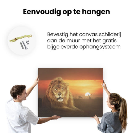 Canvas Schilderij Ophangen Leeuw In De Savanne - Zonsondergang