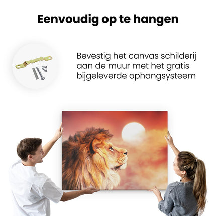 Canvas Schilderij Ophangen Leeuw - Leeuwenkop - Tijdens Zonsopkomst