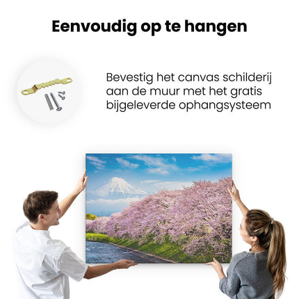 Canvas Schilderij Ophangen Roze Bloesembomen Bij De Fuji Berg