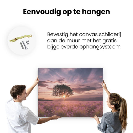 Canvas Schilderij Ophangen Bloemenveld Met Lavendel Bij Zonsondergang